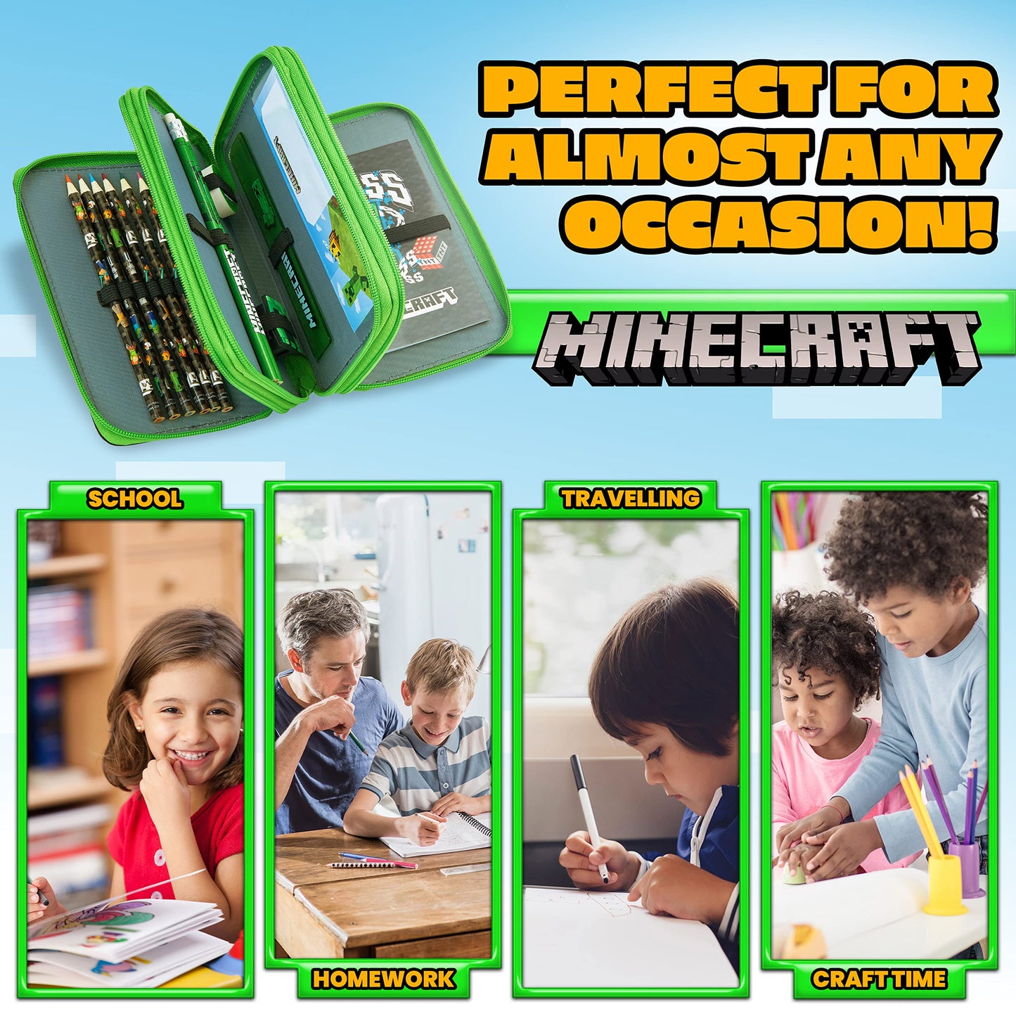 Minecraft Trousse Scolaire Garcon, Trousses Scolaire Fille Ado avec Fournitures Scolaires Kawaii Incluse, Cadeau pour Enfant (Vert Creeper)