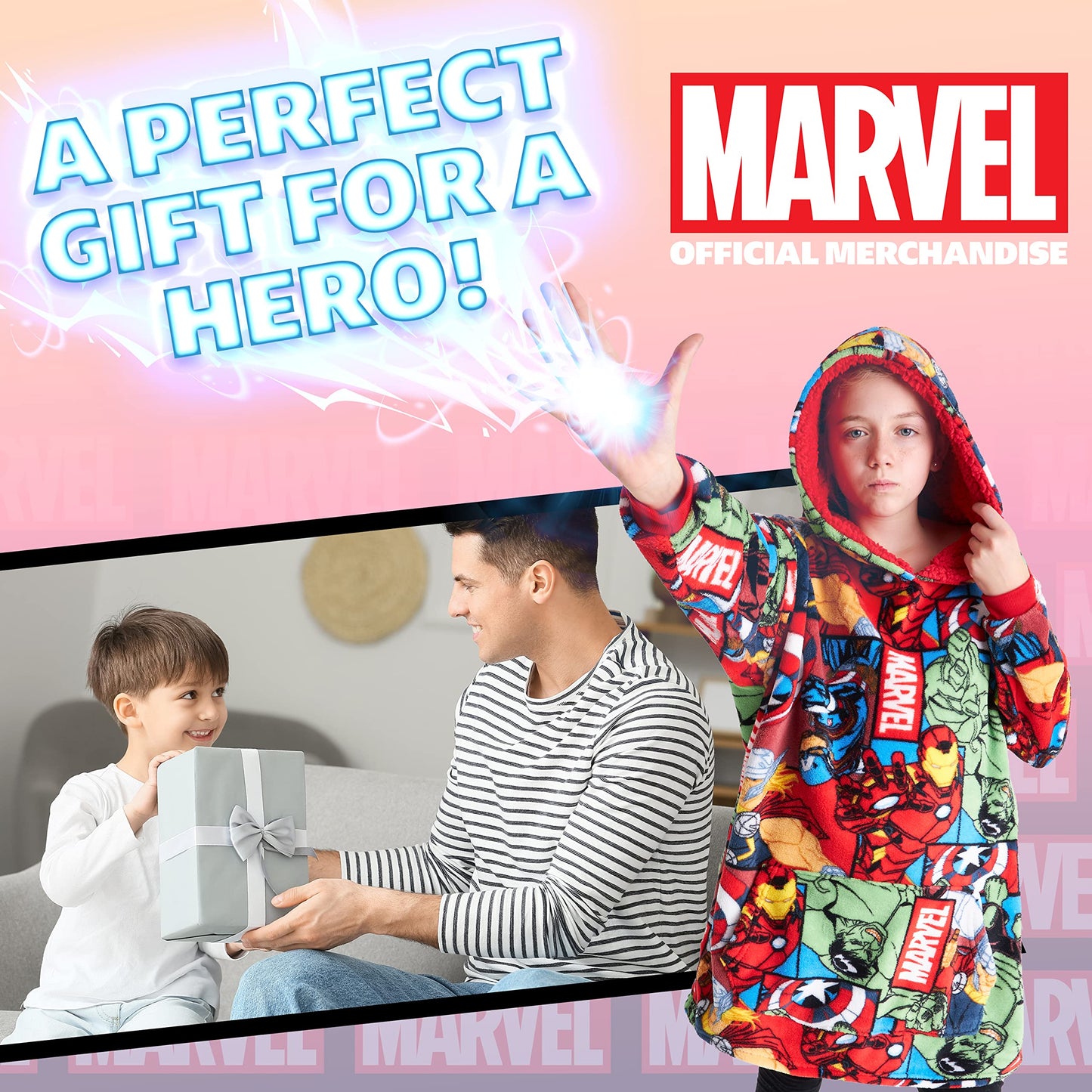 Marvel Spiderman Plaid Capuche Enfant Ado Couverture Polaire Portable Avengers Hulk Captain America Thor Hoodie Oversize Cadeau Garçon (Multi Marvel)