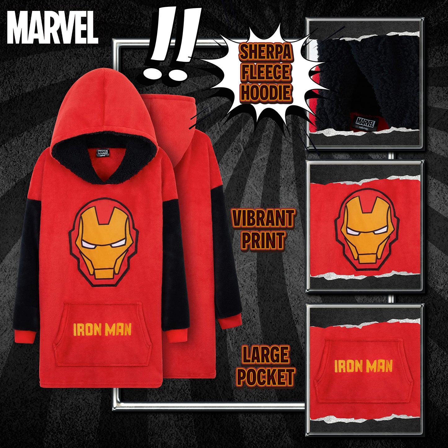 Marvel Spiderman Plaid Capuche Enfant Ado Couverture Polaire Portable Avengers Hulk Captain America Thor Hoodie Oversize Cadeau Garçon (Rouge Iron Man)