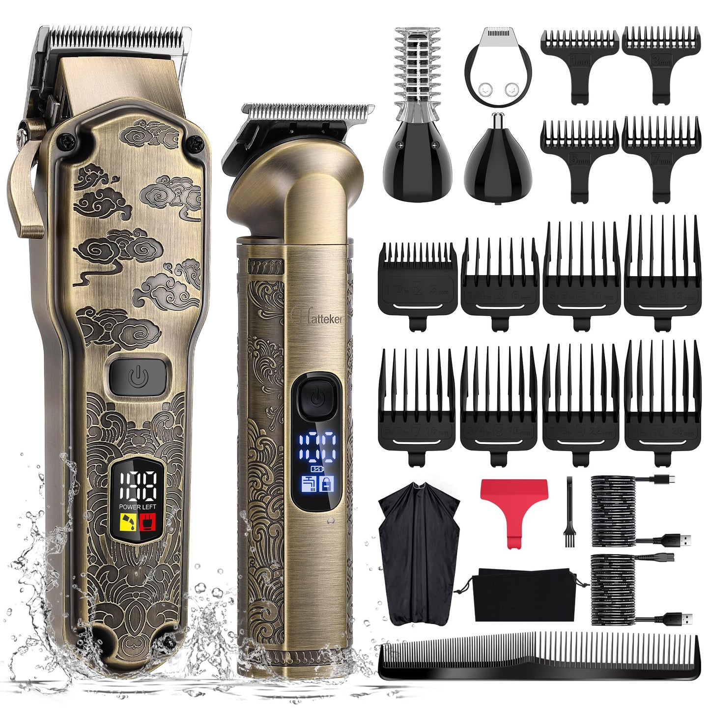 Hatteker Tondeuse à cheveux professionnelle pour hommes Set de tondeuses à barbe et à cheveux T-Blade Trimmer lavable Kit d'entretien sans fil Tondeuse à nez et à corps Tondeuse Cheveux et Barbe Set