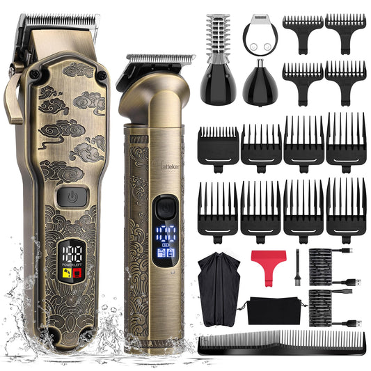 Hatteker Tondeuse à cheveux professionnelle pour hommes Set de tondeuses à barbe et à cheveux T-Blade Trimmer lavable Kit d'entretien sans fil Tondeuse à nez et à corps Tondeuse Cheveux et Barbe Set