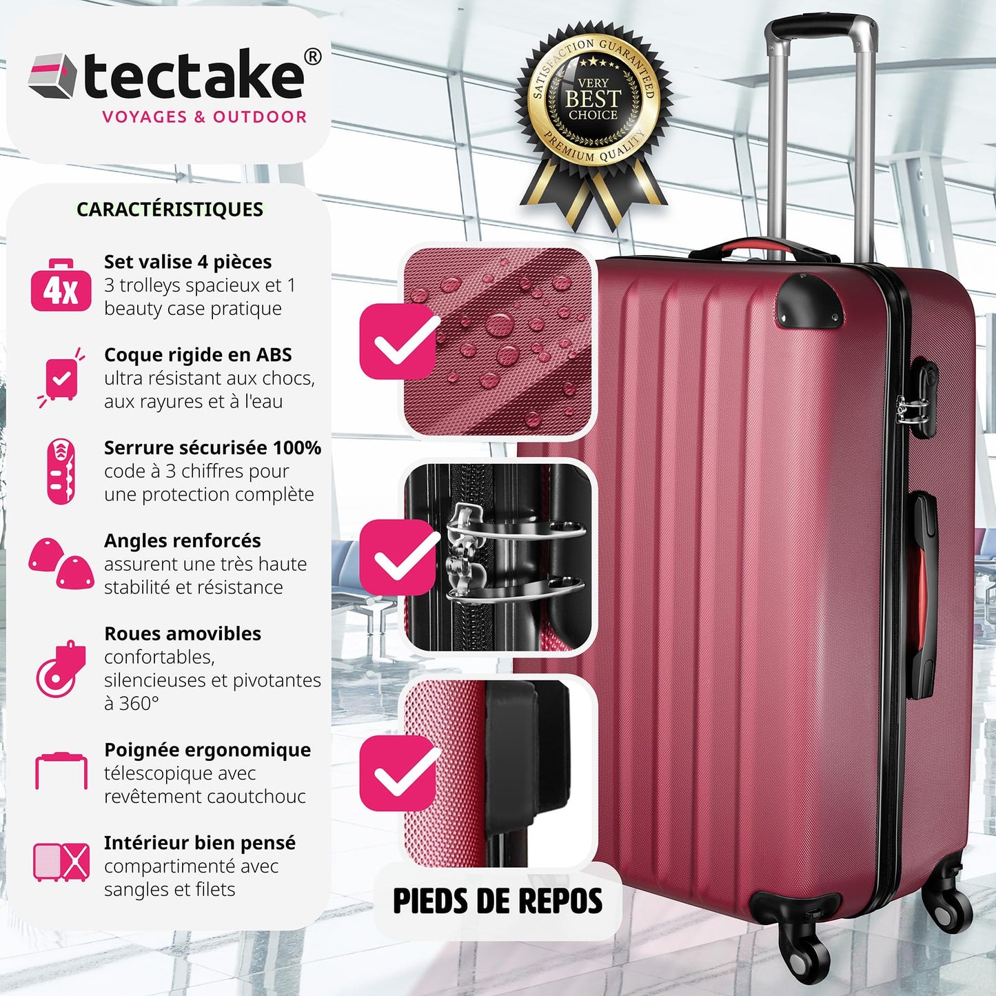 TecTake Lot de 4 Valises de Voyage Grande Taille Cabine Valise soute Multifonction en ABS Polypropylène, Valise de Voyage à roulettes avec Trousse de Toilette - Bordeaux