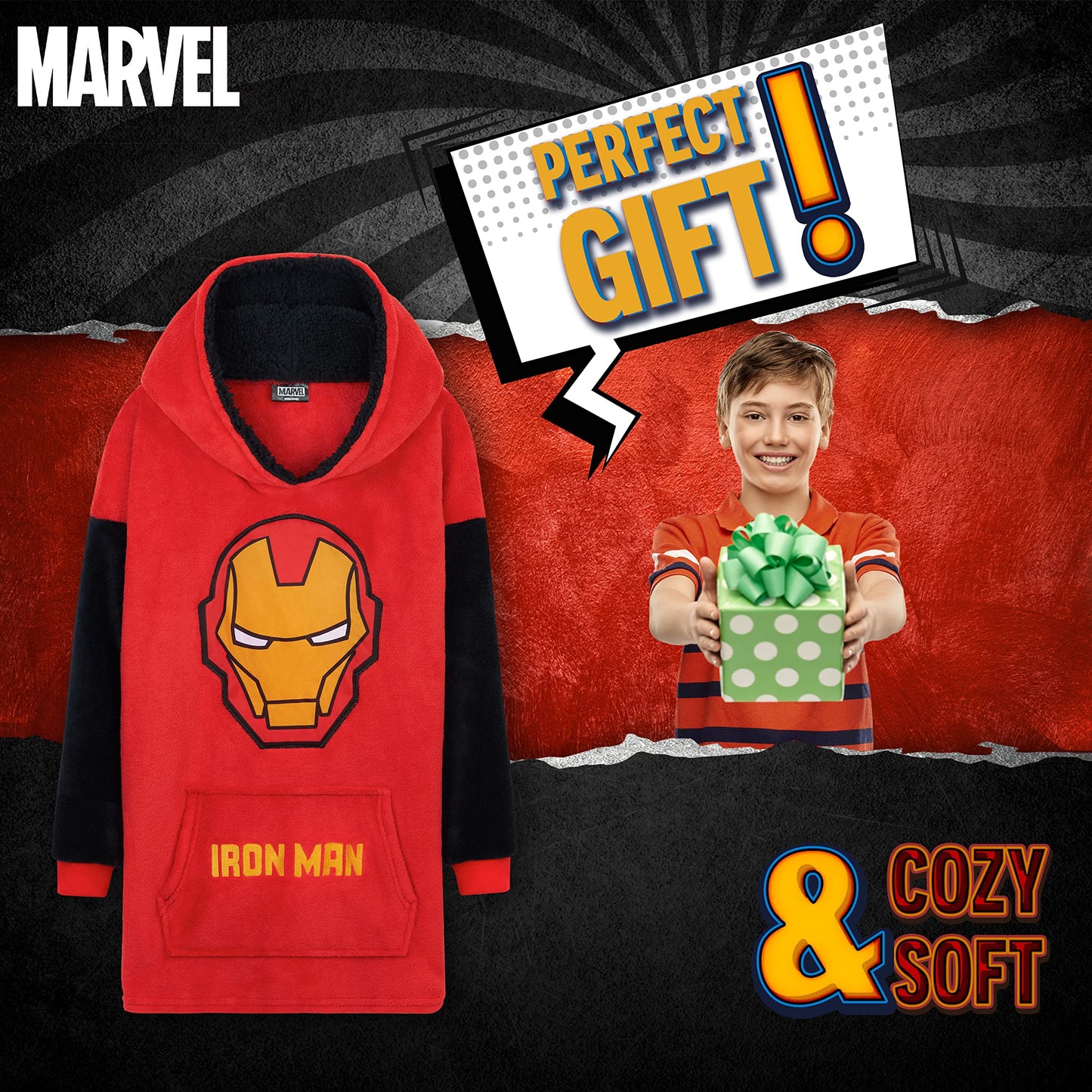 Marvel Spiderman Plaid Capuche Enfant Ado Couverture Polaire Portable Avengers Hulk Captain America Thor Hoodie Oversize Cadeau Garçon (Rouge Iron Man)