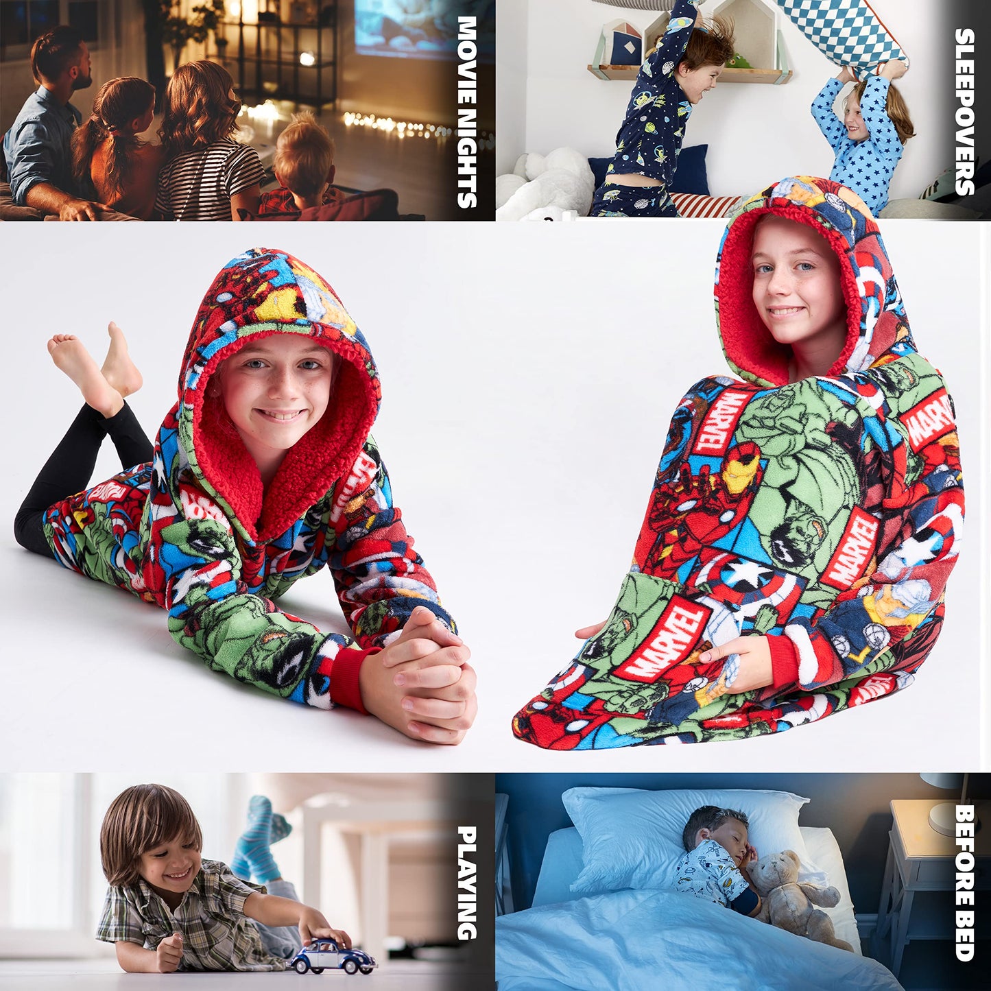 Marvel Spiderman Plaid Capuche Enfant Ado Couverture Polaire Portable Avengers Hulk Captain America Thor Hoodie Oversize Cadeau Garçon (Multi Marvel)