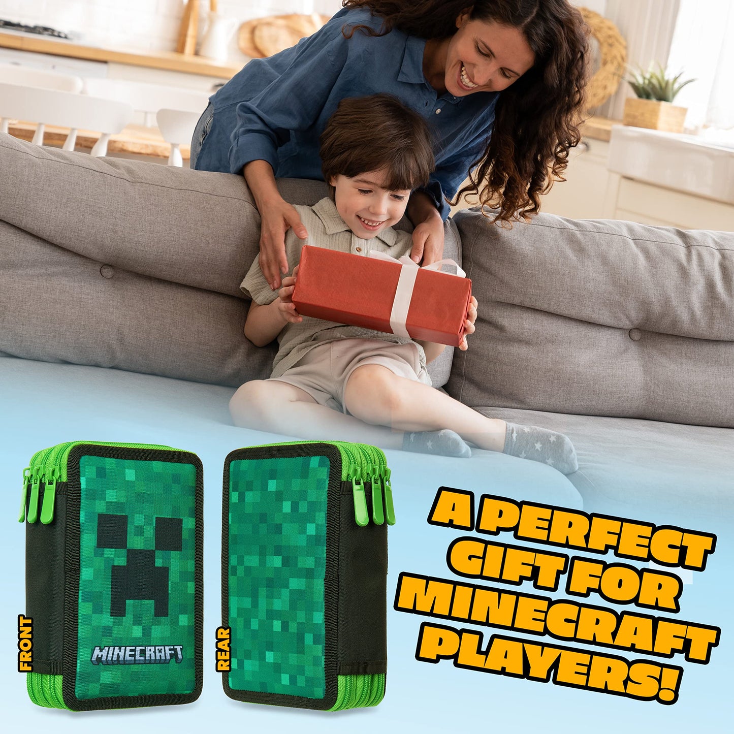 Minecraft Trousse Scolaire Garcon, Trousses Scolaire Fille Ado avec Fournitures Scolaires Kawaii Incluse, Cadeau pour Enfant (Vert Creeper)