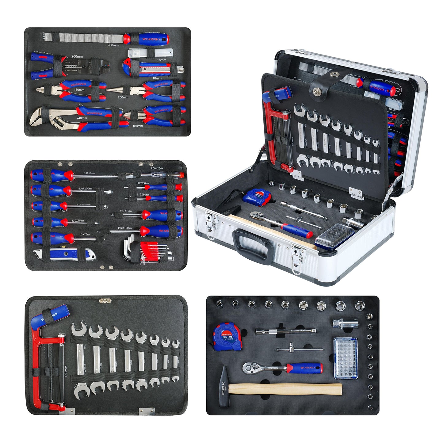 WORKPRO Caisse à Outils Complete Professionnelle avec Mallette en Aluminium, Boite à Outils Complete pour Réparation Dommestique ou de Travail 119 Pièces