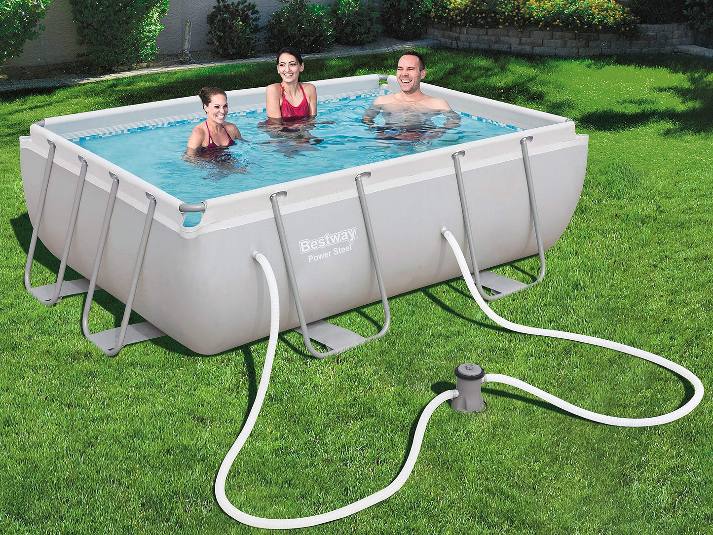 Bestway Piscine rectangulaire avec cadre en acier et pompe de filtration 282 x 196 x 84 cm gris