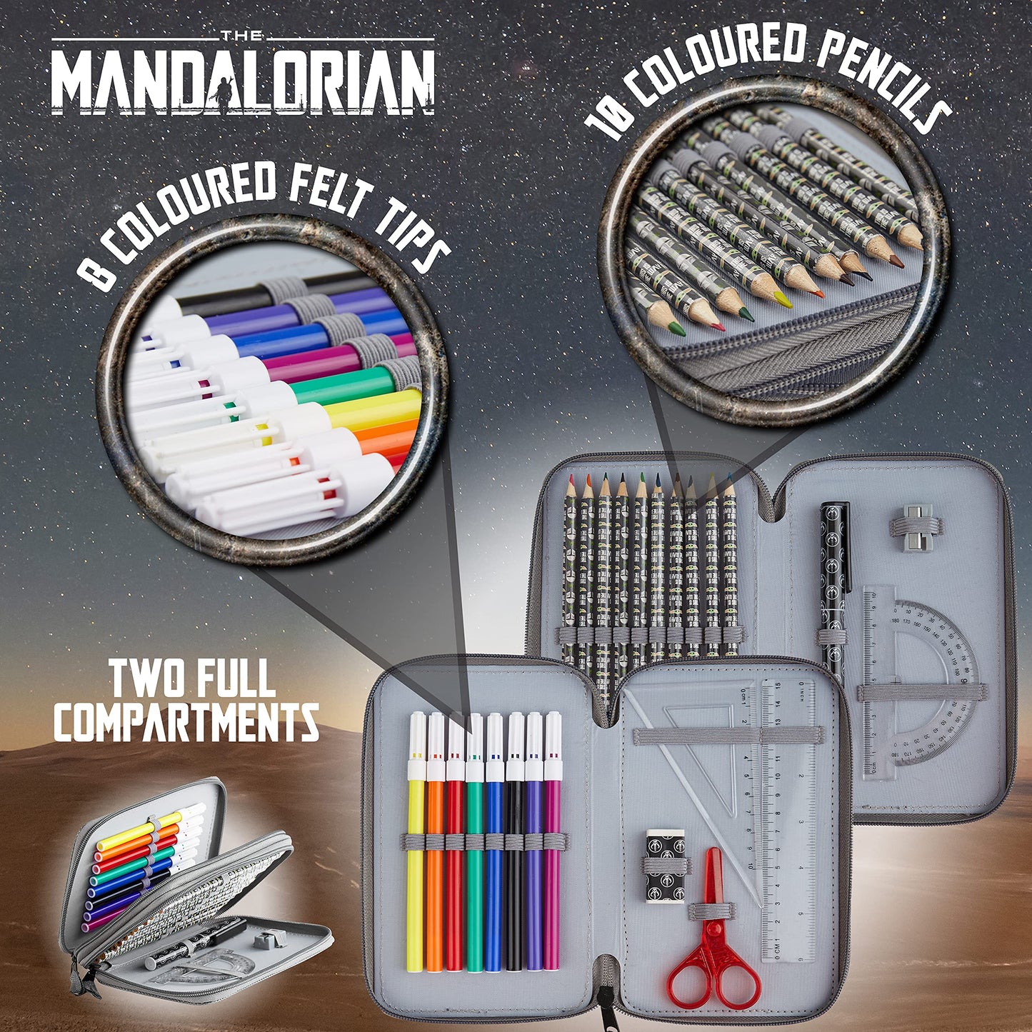 The Mandalorian Trousse Garnie Enfant Trousse Feutre et Crayon Double Compartiment Plumier Fournitures Scolaires Cadeau Rentrée Scolaire Star Wars Baby Yoda