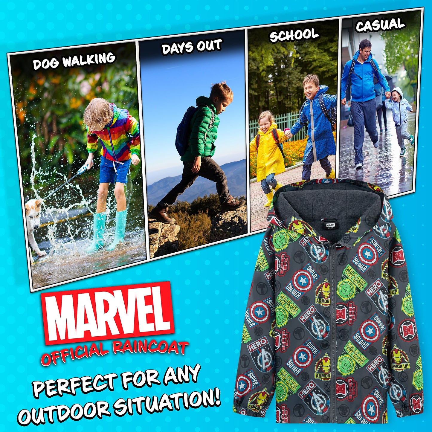 Marvel Impermeable Enfant Garcon, Veste de Pluie Enfant Doublure en Polaire, Vêtement de Pluie Enfant Ado 4-14 Ans Spiderman Avengers (Gris Avengers, 7-8 Ans)