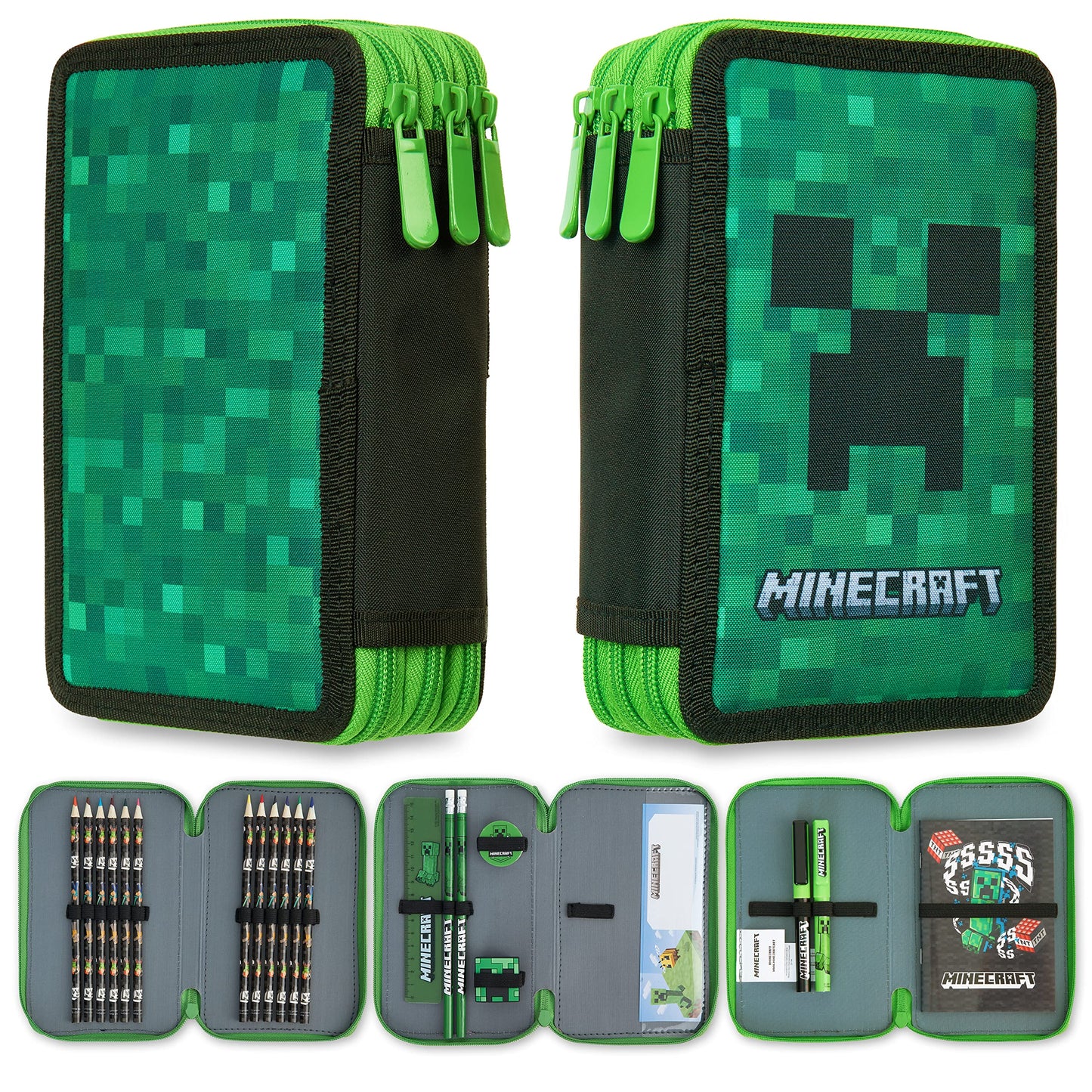 Minecraft Trousse Scolaire Garcon, Trousses Scolaire Fille Ado avec Fournitures Scolaires Kawaii Incluse, Cadeau pour Enfant (Vert Creeper)