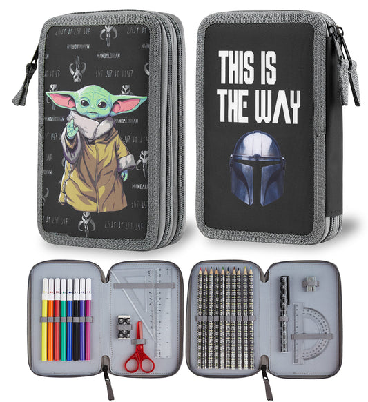 The Mandalorian Trousse Garnie Enfant Trousse Feutre et Crayon Double Compartiment Plumier Fournitures Scolaires Cadeau Rentrée Scolaire Star Wars Baby Yoda