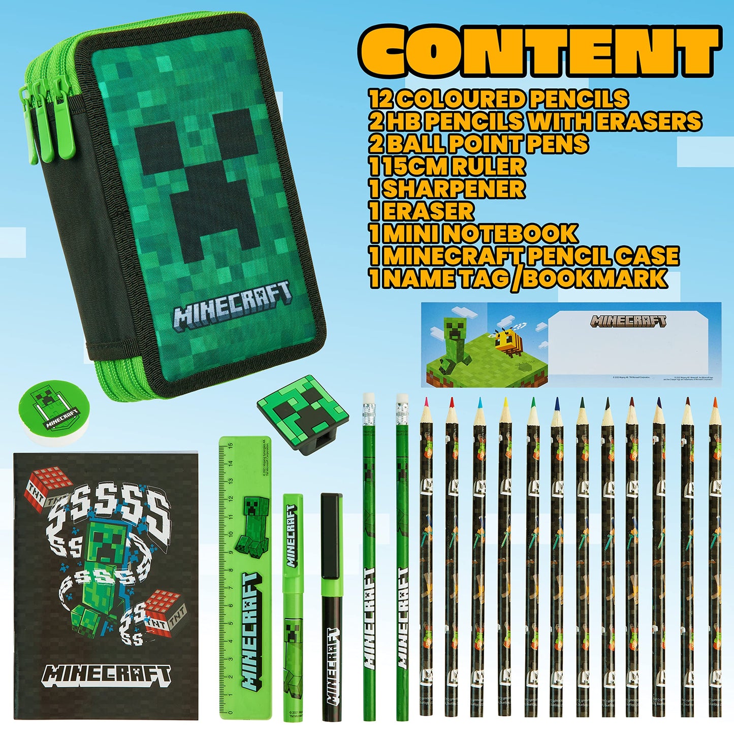 Minecraft Trousse Scolaire Garcon, Trousses Scolaire Fille Ado avec Fournitures Scolaires Kawaii Incluse, Cadeau pour Enfant (Vert Creeper)