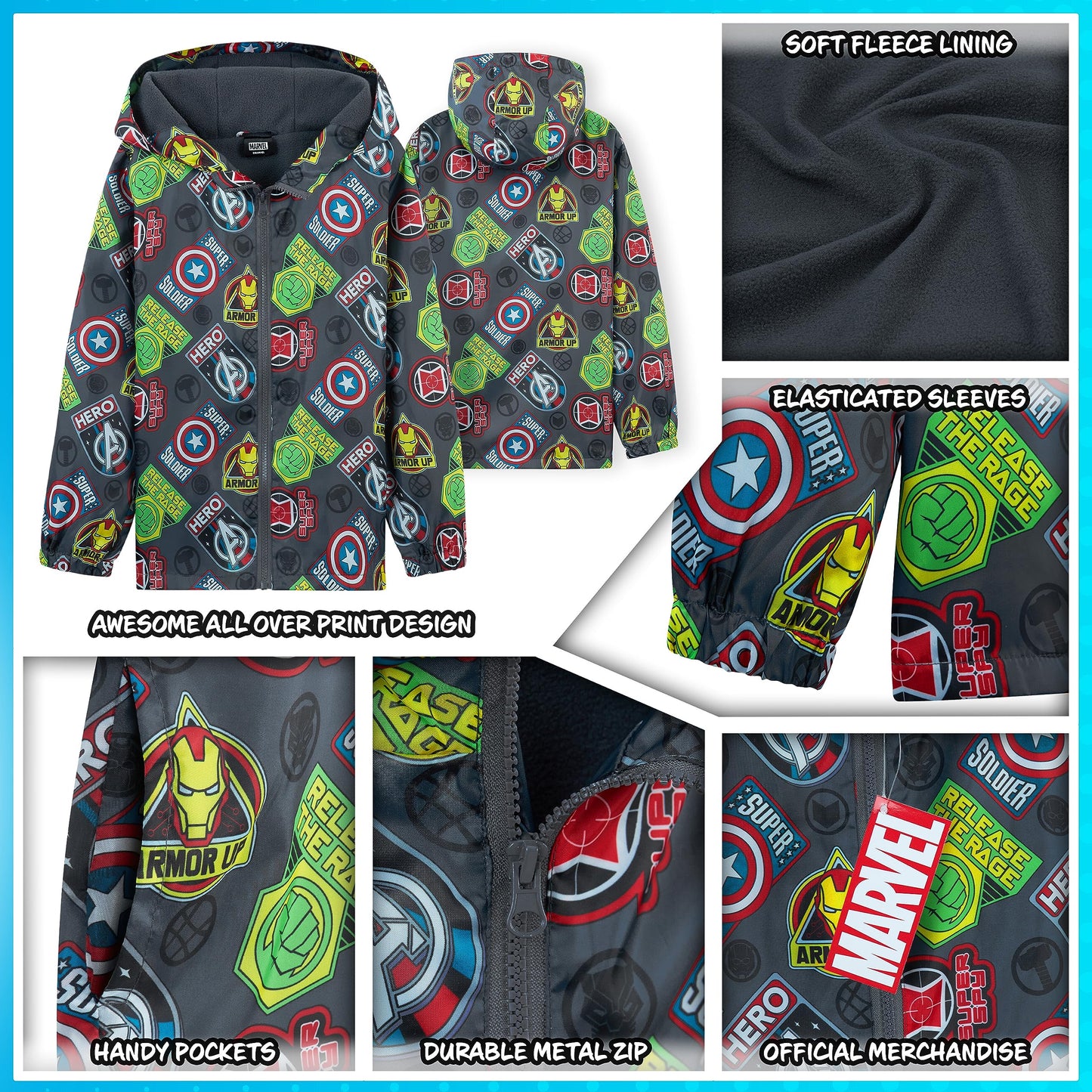 Marvel Impermeable Enfant Garcon, Veste de Pluie Enfant Doublure en Polaire, Vêtement de Pluie Enfant Ado 4-14 Ans Spiderman Avengers (Gris Avengers, 7-8 Ans)