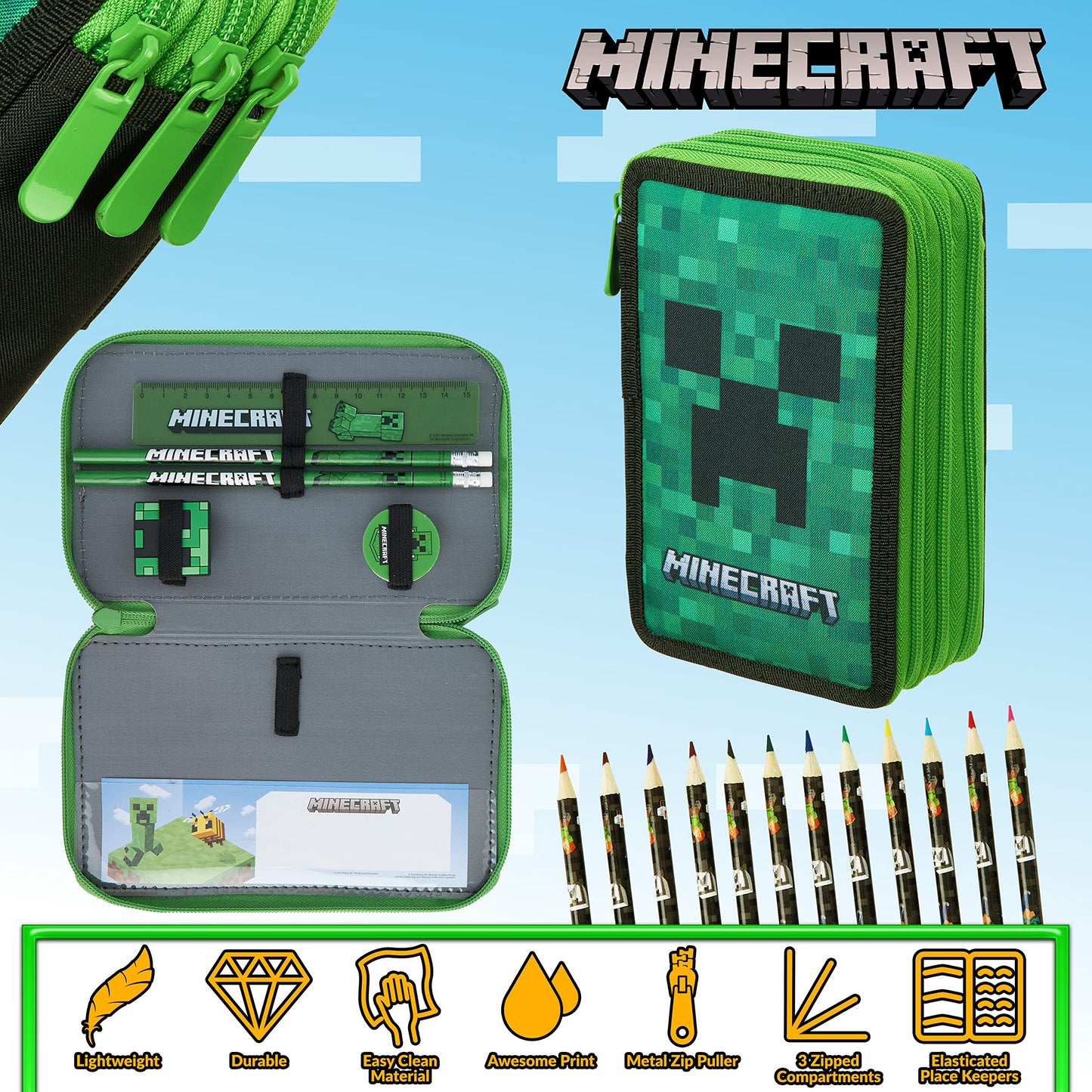 Minecraft Trousse Scolaire Garcon, Trousses Scolaire Fille Ado avec Fournitures Scolaires Kawaii Incluse, Cadeau pour Enfant (Vert Creeper)