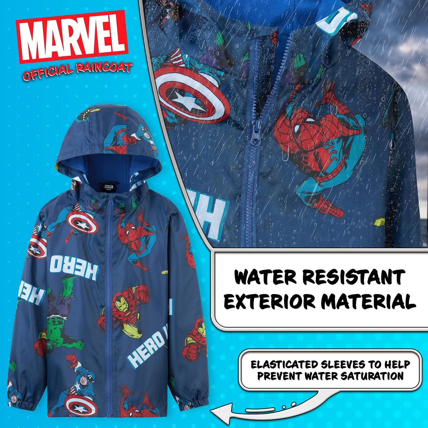 Marvel Impermeable Enfant Garcon, Veste de Pluie Enfant Doublure en Polaire, Vêtement de Pluie Enfant Ado 4-14 Ans Spiderman Avengers (Bleu Avengers, 7-8 Ans)