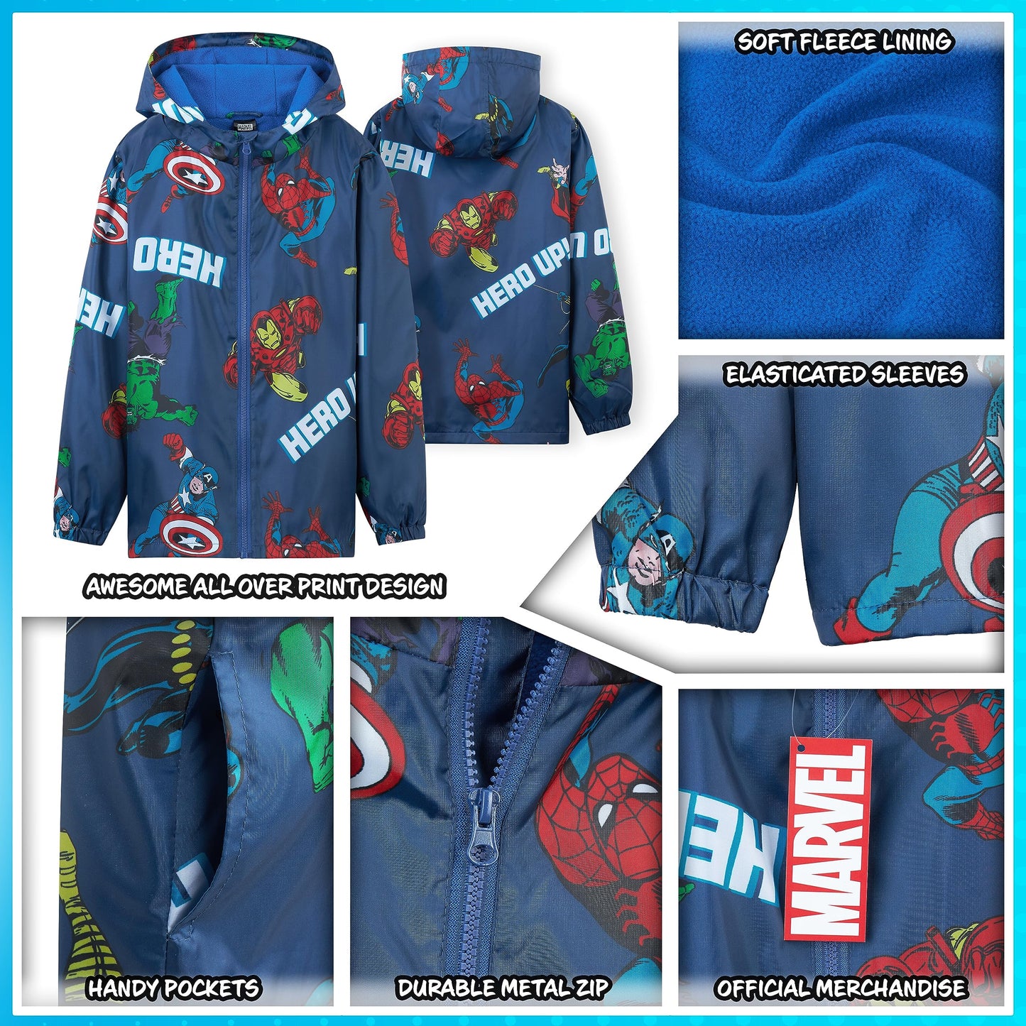 Marvel Impermeable Enfant Garcon, Veste de Pluie Enfant Doublure en Polaire, Vêtement de Pluie Enfant Ado 4-14 Ans Spiderman Avengers (Bleu Avengers, 7-8 Ans)