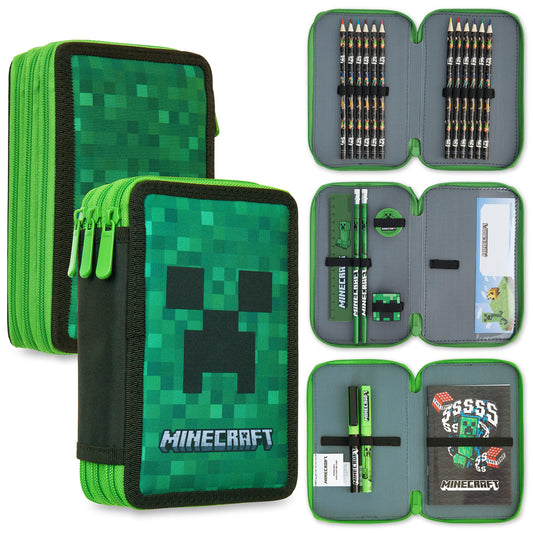 Minecraft Trousse Scolaire Garcon, Trousses Scolaire Fille Ado avec Fournitures Scolaires Kawaii Incluse, Cadeau pour Enfant (Vert Creeper)