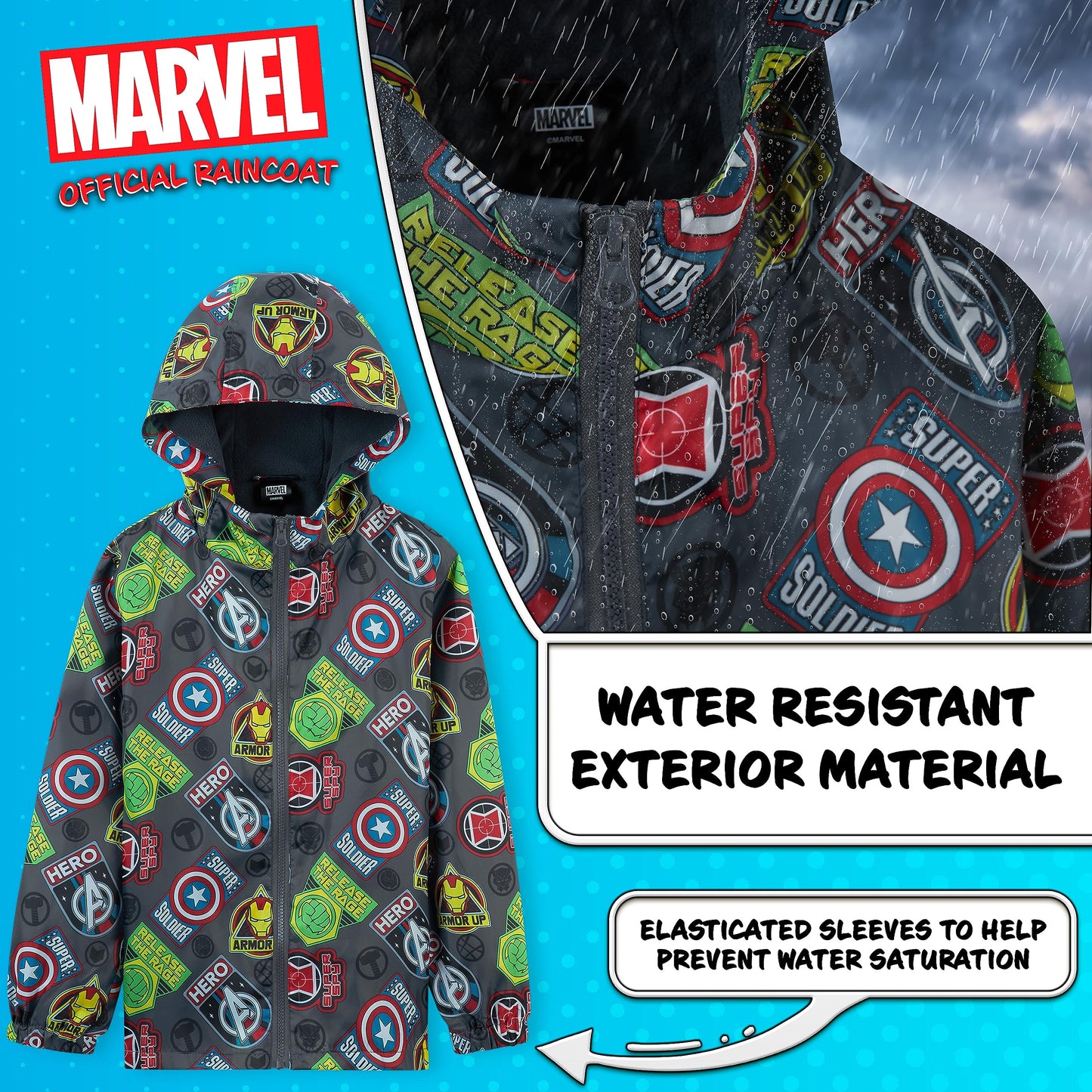 Marvel Impermeable Enfant Garcon, Veste de Pluie Enfant Doublure en Polaire, Vêtement de Pluie Enfant Ado 4-14 Ans Spiderman Avengers (Gris Avengers, 7-8 Ans)