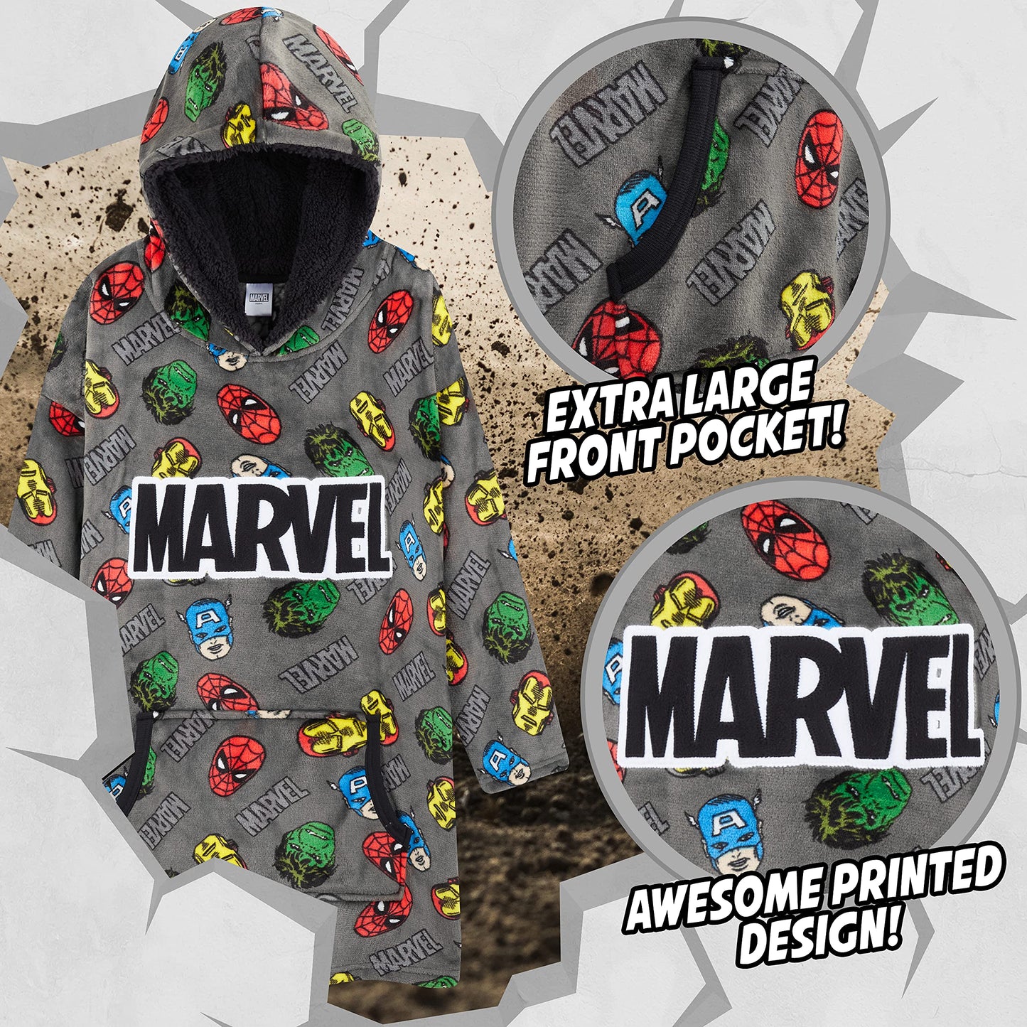 Marvel Sweat à Capuche Enfant - Pull Plaid Oversize en Polaire - Avengers (Gris AOP)