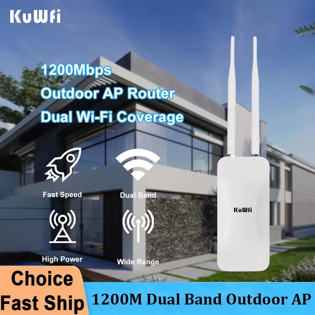 KuWFi High Power AP1200 Outdoor Wireless Wifi Access Point AP Repeater 1200Mbps Dual Dand 2.4G 5Ghz Long Range WiFi Coverage