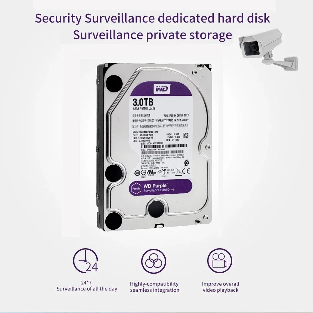 WD Purple 4TB Surveillance Internal Hard Drive Disk 3.5" 64M Cache SATA III 6Gb/s 1TB 2TB 4T 6T HDD HD Harddisk for CCTV DVR NVR