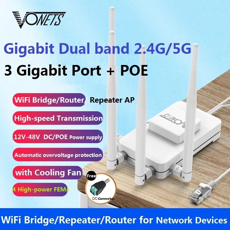 VONETS Gigabit Dual Band 2.4G/5G High Power WiFi Router Wireless Bridge Repeater POE Power Supply WiFi Ethernet for DVR Monitor